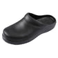 Black slip-on work clog viewed from front-left, rounded toe and molded sole