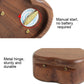 Walnut heart-shaped wooden base with metal hinge and visible starter button area