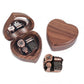 Heart-shaped wooden music box with mirror lid, dark wood, copper-tone mechanism, open and closed