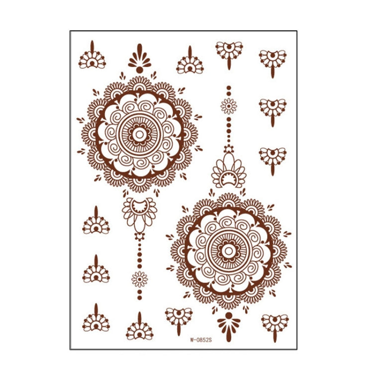 Brown and red henna lace tattoo sheet with two large floral medallions and dangling charms