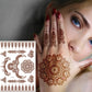 Brown-red lace henna tattoo sticker on forearm with mandala, dots, and floral linework