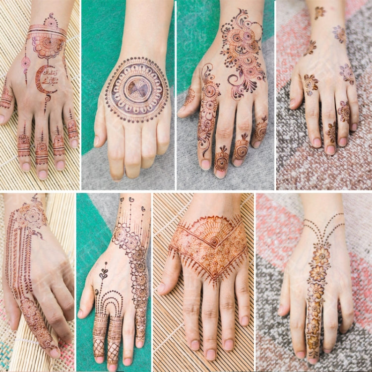 Brown-red lace henna tattoo sticker designs on hands, including paisley and floral motifs
