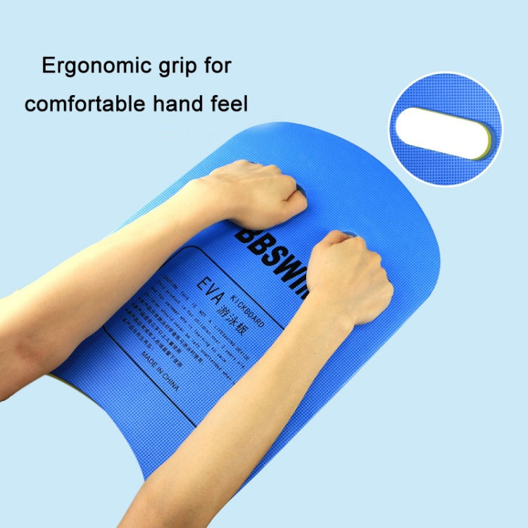 Blue U-shaped EVA floating kickboard with two hand slots, held by hands, BBSWIM logo
