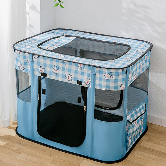 Foldable pet enclosure tent with blue base, mesh sides, and top viewing window