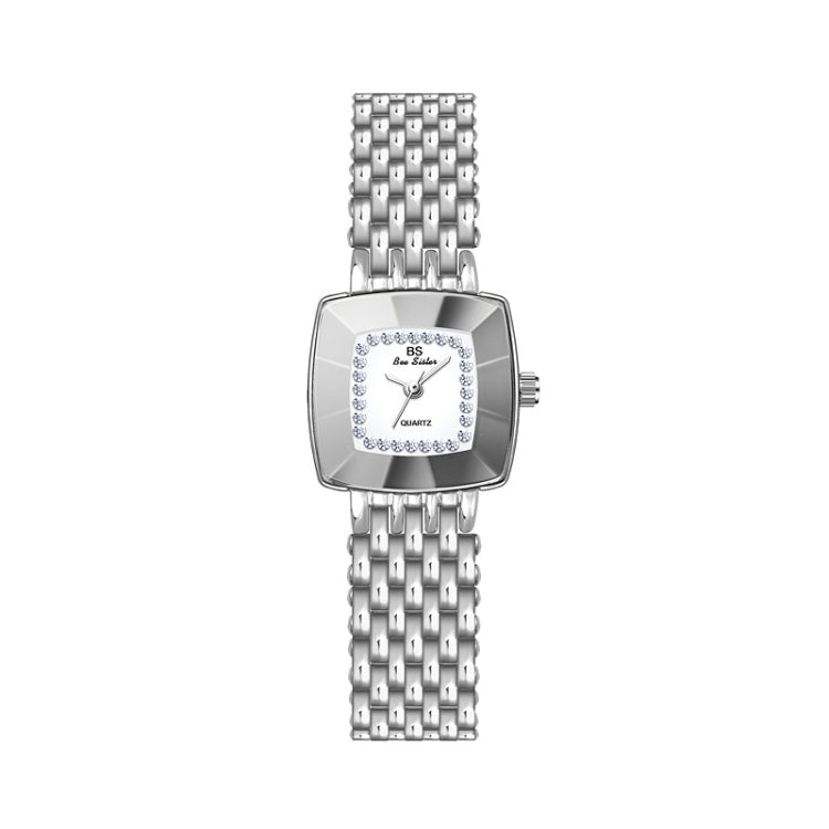 Ladies square dial wristwatch with silver metal mesh strap and silver-tone case