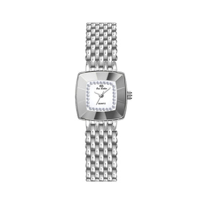 Ladies square dial wristwatch with silver metal mesh strap and silver-tone case