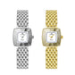 Pair of ladies square dial wristwatches: silver and gold metal mesh bracelet