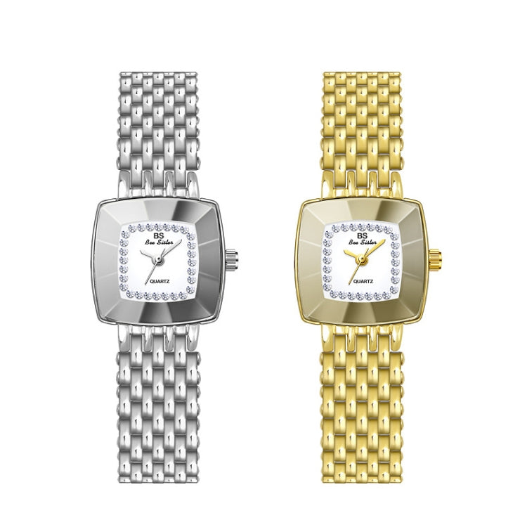 Pair of ladies square dial wristwatches: silver and gold metal mesh bracelet