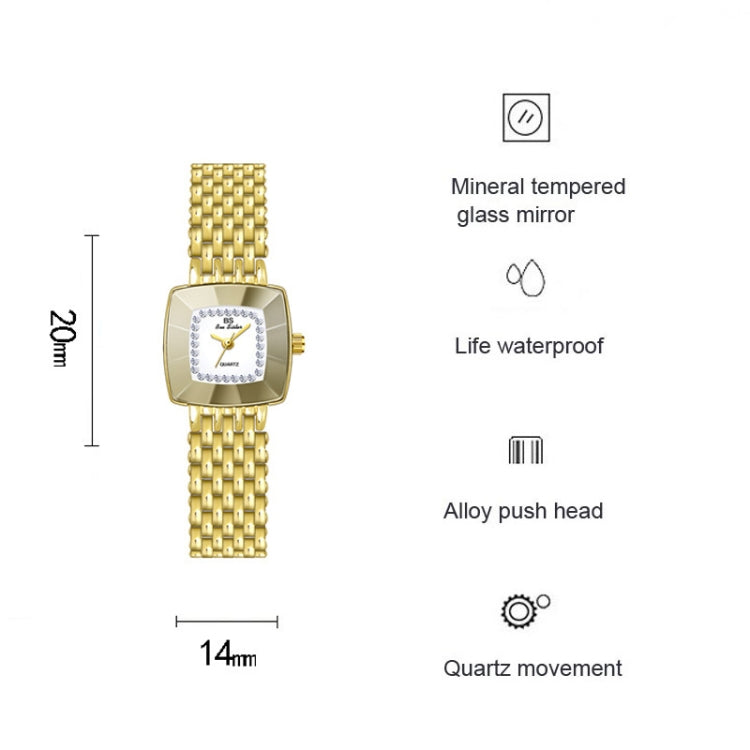 Gold square dial wristwatch with metal mesh bracelet and polished gold-tone case