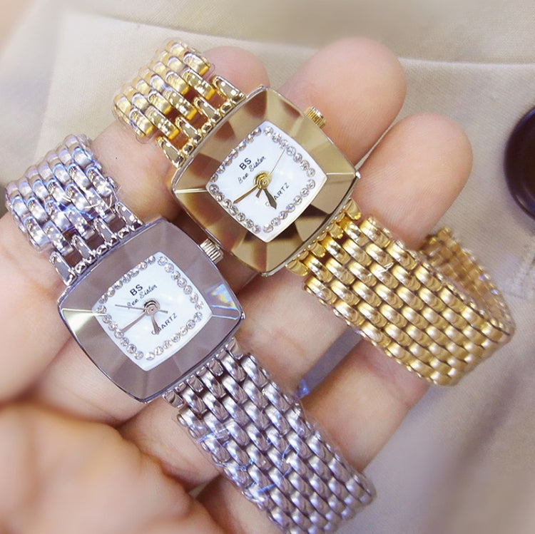 Set of two ladies square dial wristwatches: silver and gold metal mesh straps