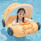 Yellow car-shaped inflatable pool float with baby sunshade and steering wheel