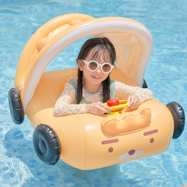 Yellow car-shaped inflatable pool float with baby sunshade and steering wheel
