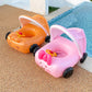 Orange and pink car-shaped inflatable pool floats with canopy sunshade and black wheels