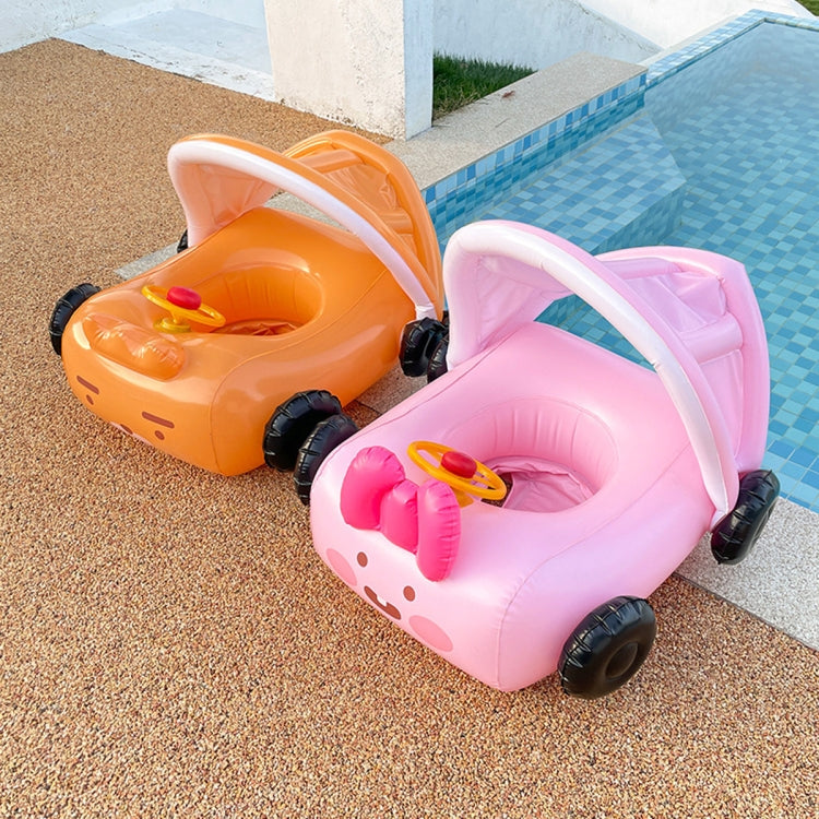 Orange and pink car-shaped inflatable pool floats with canopy sunshade and black wheels