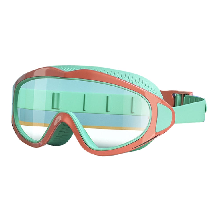 Children anti-fog swimming goggles with mint frame and orange tinted lenses, wide strap