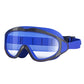 Children anti-fog swimming goggles with blue frame and dark tinted lenses, wide strap