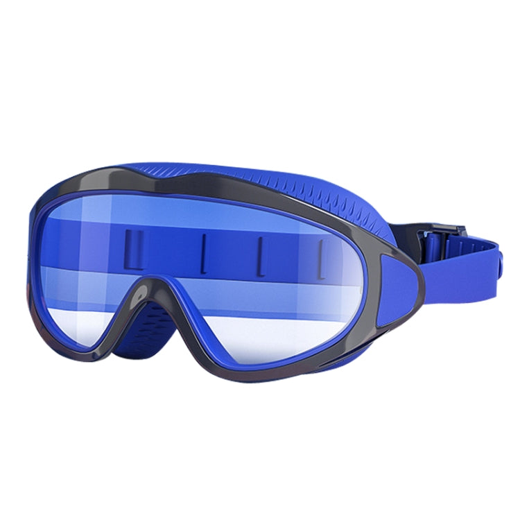 Children anti-fog swimming goggles with blue frame and dark tinted lenses, wide strap