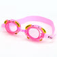 Pink kids swimming goggles with anti-fog clear lens and cartoon shark graphics