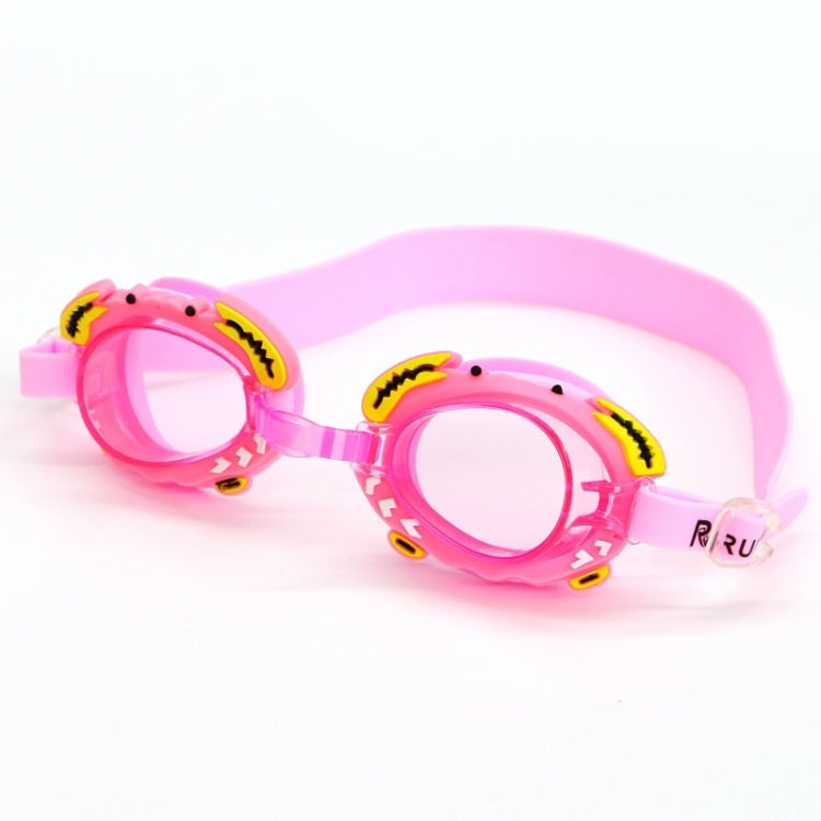 Pink kids swimming goggles with anti-fog clear lens and cartoon shark graphics