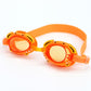 Orange kids swimming goggles with anti-fog clear lens and cartoon shark graphics