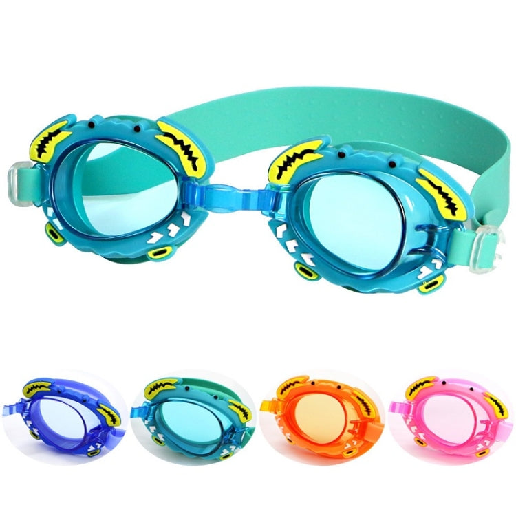 Teal kids swimming goggles with anti-fog clear lens and cartoon shark decals