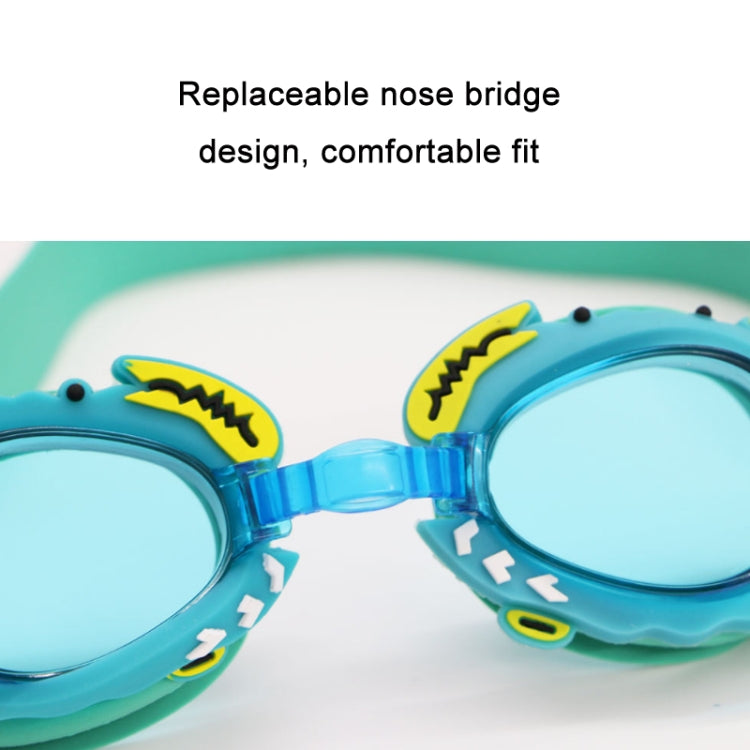 Blue kids swimming goggles close-up of replaceable nose bridge and anti-fog lens