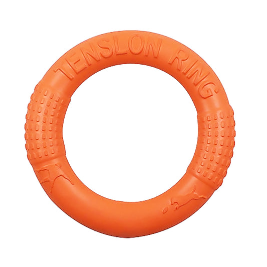 Orange rubber dog tension ring toy with textured grip bumps and embossed top lettering