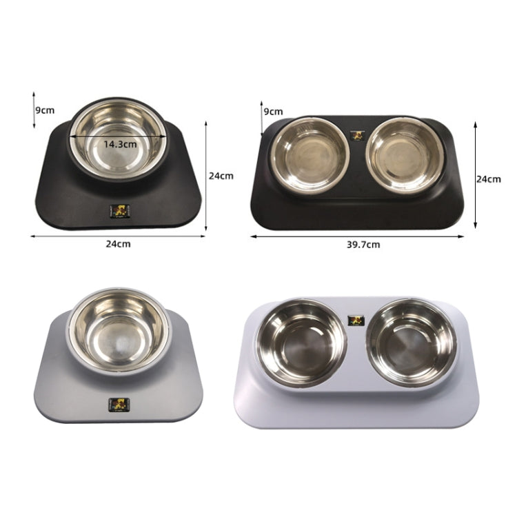 Set of tilted pet feeders showing single and double stainless steel bowls in black and gray
