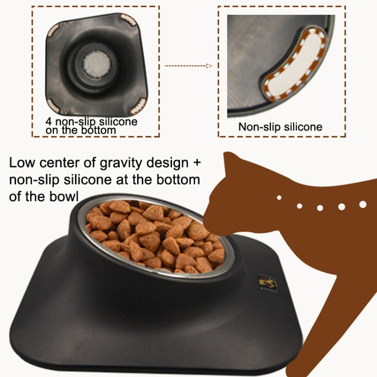 Tilted pet food feeder with anti-slip silicone base and stainless steel bowl with kibble