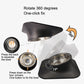Rotating tilted pet feeder with removable stainless steel bowl on dark base