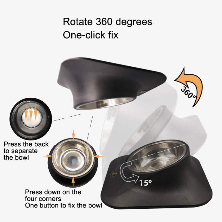 Rotating tilted pet feeder with removable stainless steel bowl on dark base
