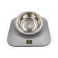 Gray tilted pet food feeder with stainless steel single bowl