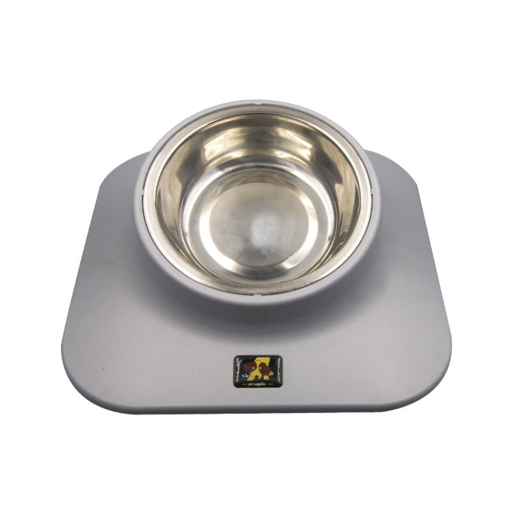 Gray tilted pet food feeder with stainless steel single bowl