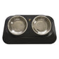 Black pet food feeder with two stainless steel bowls