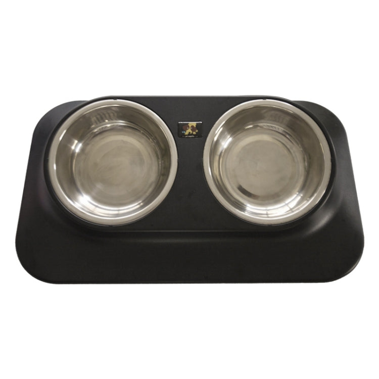 Black pet food feeder with two stainless steel bowls