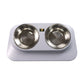 Gray pet food feeder with two stainless steel bowls