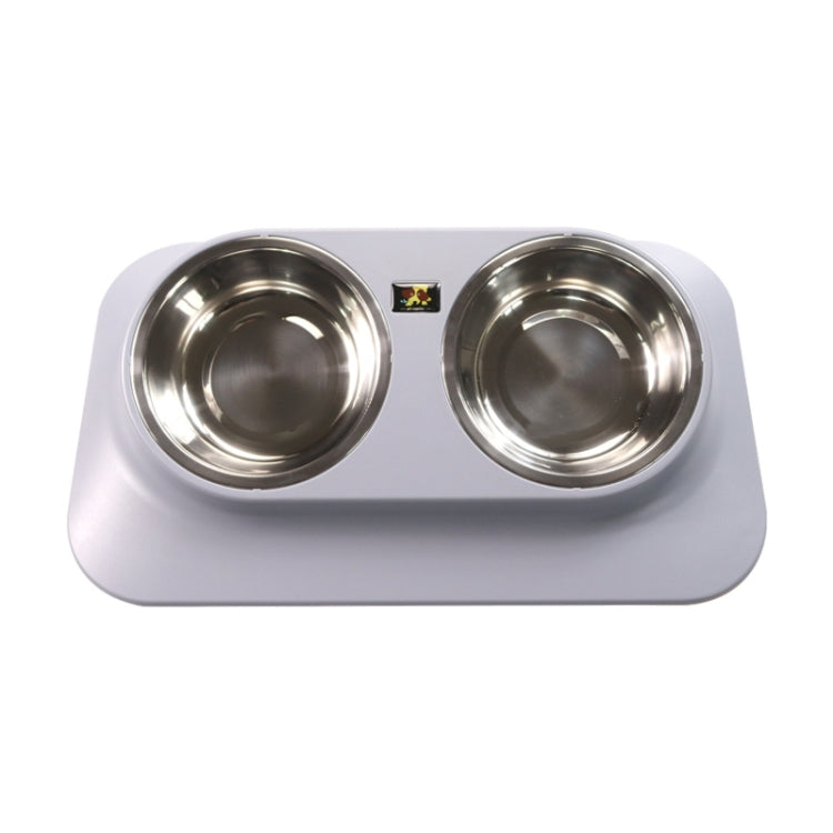 Gray pet food feeder with two stainless steel bowls