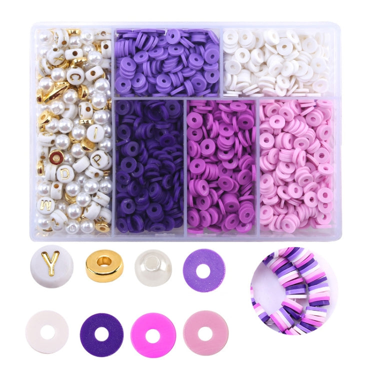 Soft pottery beading set box with purple, pink, and white round spacer beads and rings