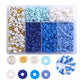 Soft pottery beading set box with teal, blue, and white round spacer beads and rings