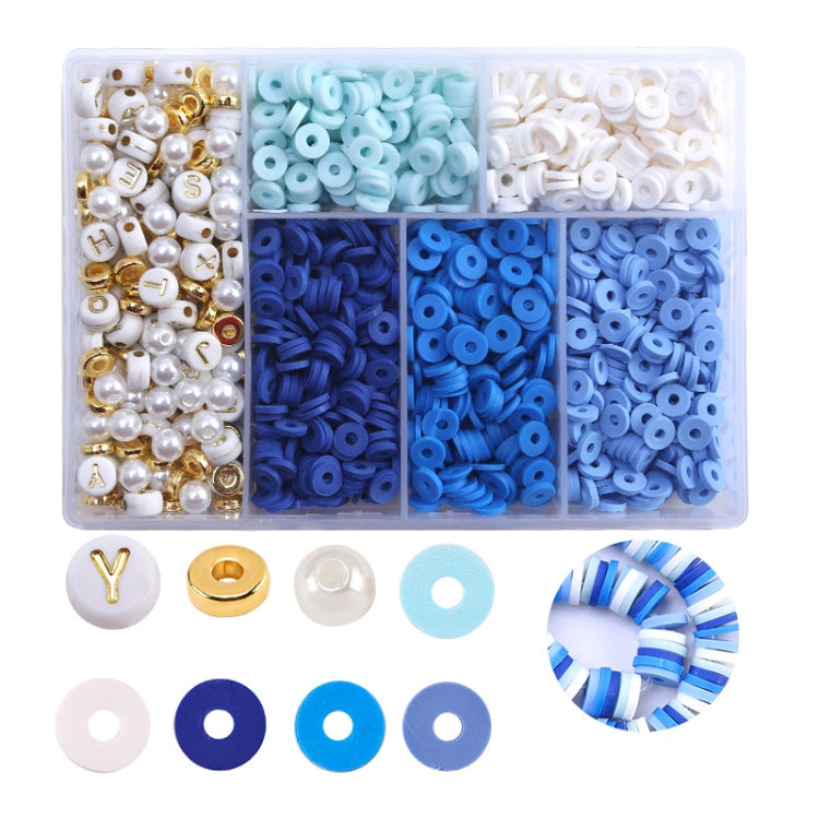 Soft pottery beading set box with teal, blue, and white round spacer beads and rings