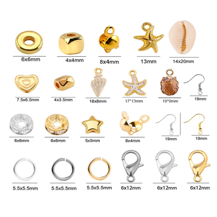 Assorted DIY jewelry charms and bead components including shells, stars, and earring hooks