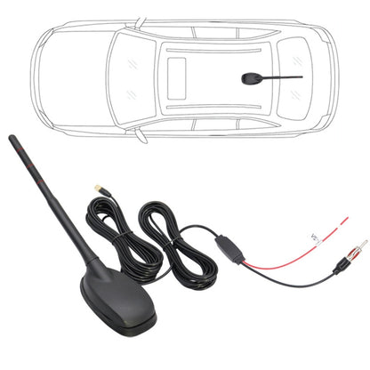 Amplified car antenna with black base, roof-mount mast, and connected cable leads