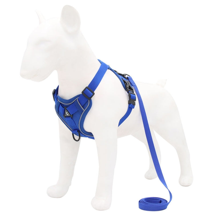Blue dog chest strap vest harness with front padding and long leash strap