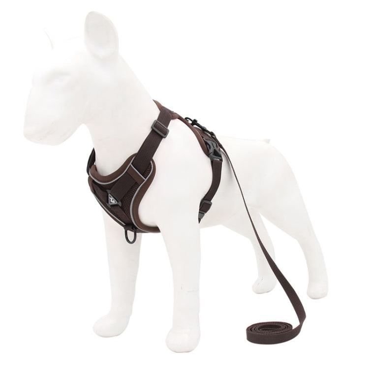Brown dog chest strap vest harness with front padding and leash rope