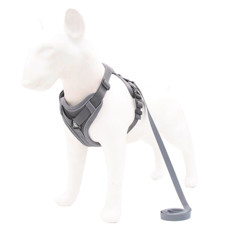 Gray dog chest strap vest harness with front padding and leash rope