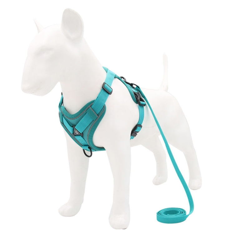 Teal dog chest strap vest with traction rope and padded chest harness.