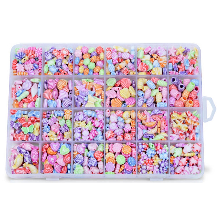 Kids DIY beaded jewelry kit with pastel acrylic beads and decorative pieces in a tray