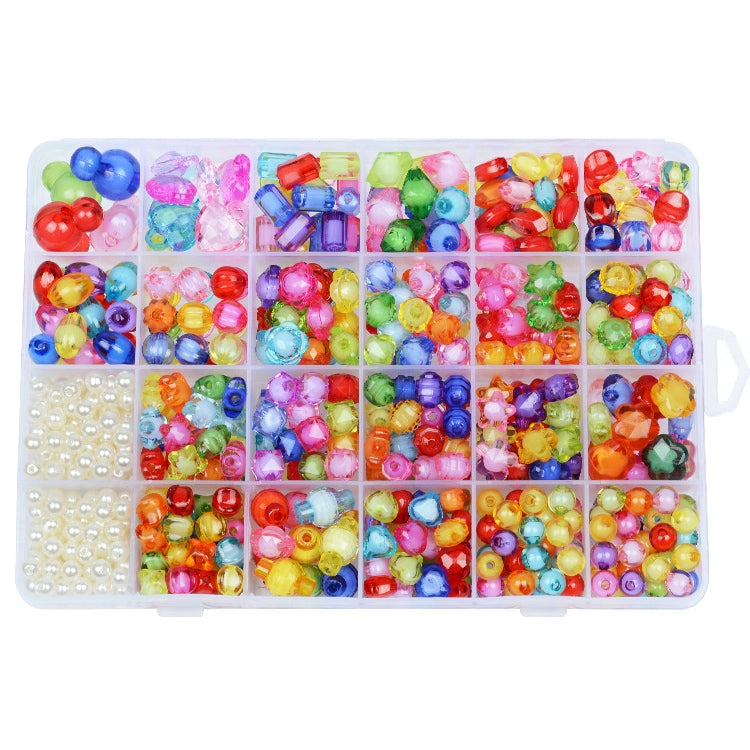 Kids DIY beaded jewelry kit with rainbow acrylic beads and pearl beads in a tray