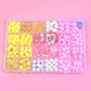 Kids DIY beaded jewelry kit with pink-themed acrylic beads and rainbow charms in tray