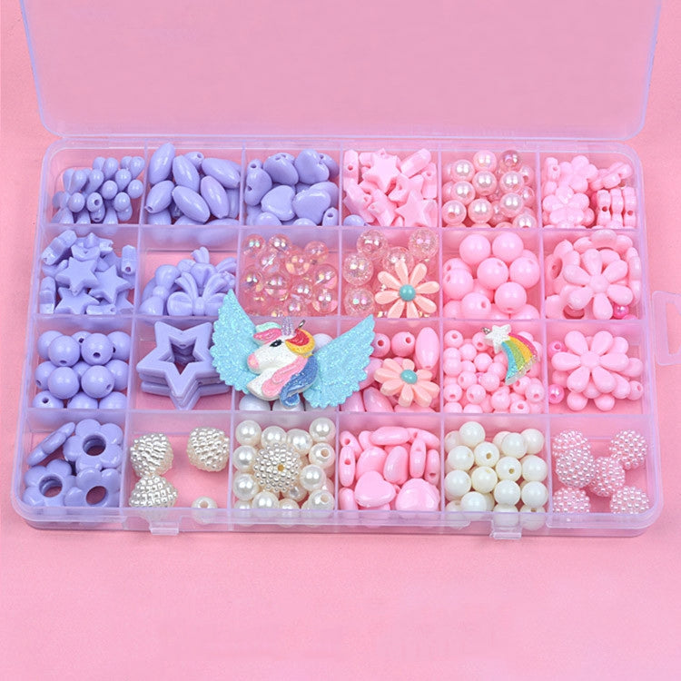 Kids acrylic bead jewelry kit case with purple and pink beads, pearl beads and flower shapes